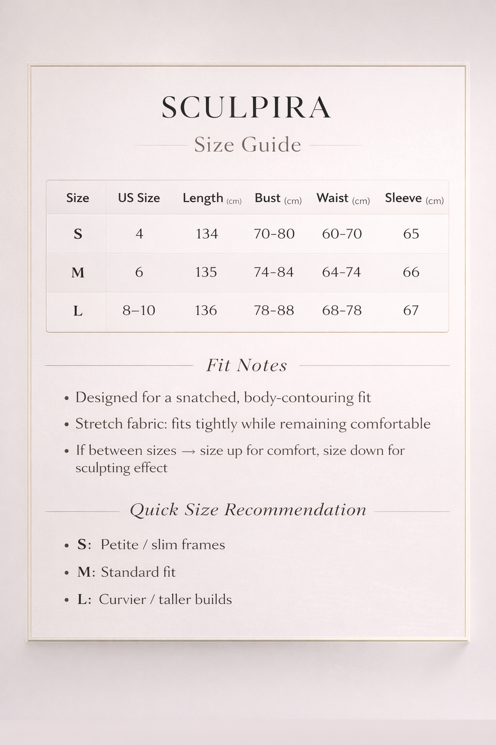 The SculptSuit: Signature Long Sleeve size chart